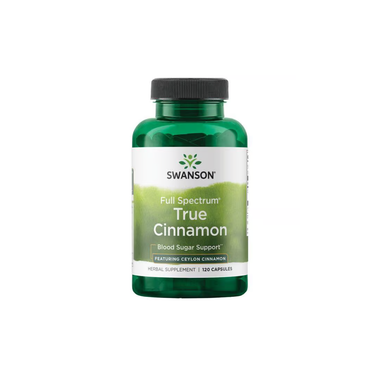 A green bottle of Swanson True Cinnamon Featuring Ceylon Cinnamon 300 mg, 120 capsules, supports blood sugar and cardiovascular health.